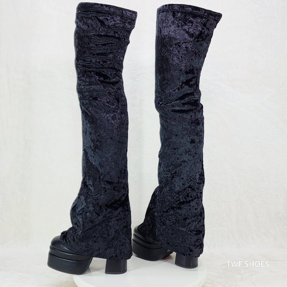 Unique Thigh High Black Velvet Fold over Skirted Chunky Heel Platform Boots - Picture 13 of 17